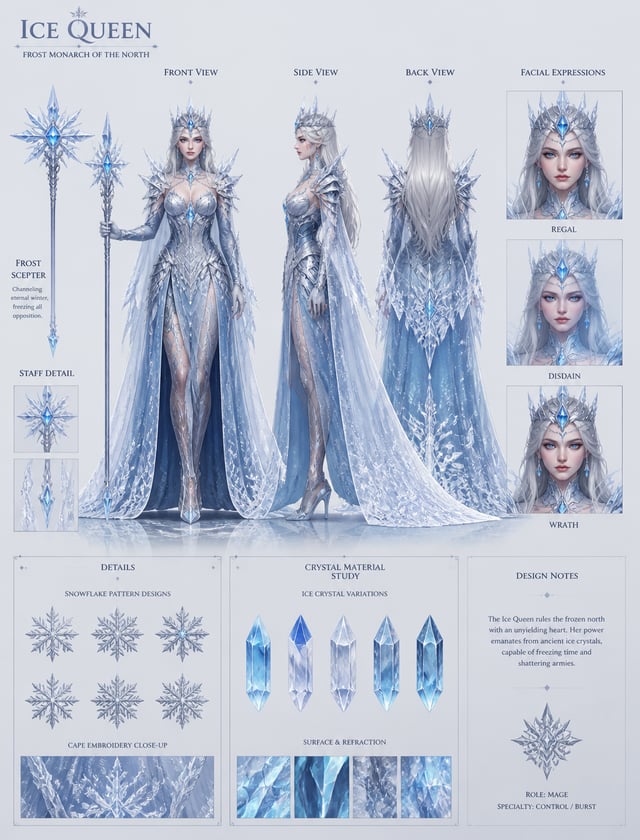Ice QueenCreate a detailed character sheet of an Ice Queen for a fantasy MOBA. Full body orthographi