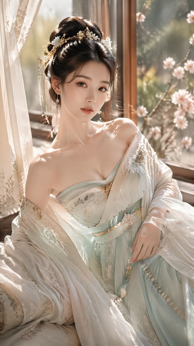 古风贵女高级水光写真，春日暖光氛围，高门富养千金，温柔娴静，清贵不俗，大半身近景，9:16，人物坐于花窗边软榻，窗外有模糊花枝，暖白阳光照亮面部与肩颈，纱帘轻柔飘动，服装为水青玉白主色，辅以浅金细节，