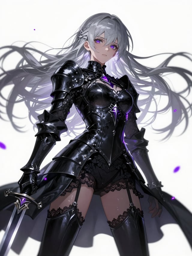A silver-haired swordswoman stands in a defiant pose, her long locks swirling amidst floating violet