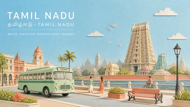 Create a refined wide landscape travel-poster illustration of TAMIL NADU