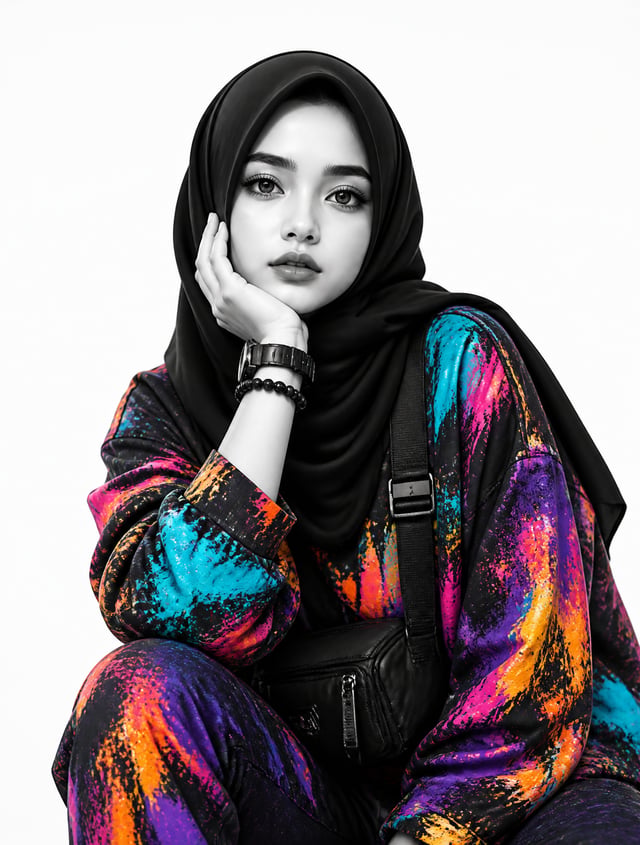 Transform the uploaded image into a premium monochrome fashion editorial portrait while preserving 1