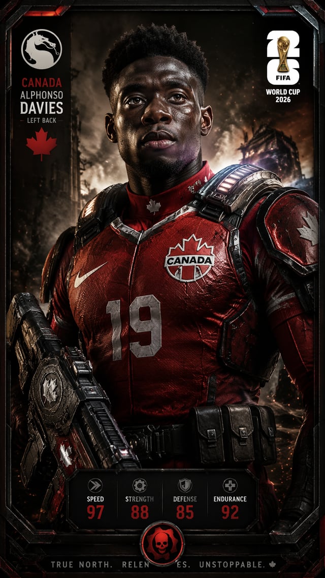 Canada — Alphonso Davies — Mortal Kombat meets Gears of War “9:16 character card, Mortal Kombat raw 