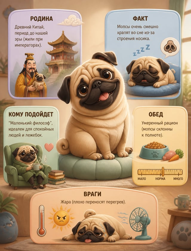 Мультяшная инфографика для детей в стиле Pixar. В центре — очаровательный круглый мопс с забавными с