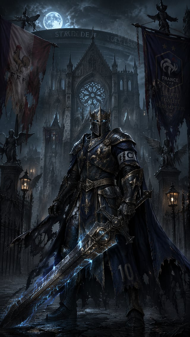 vertical 9:16, France national team captain reimagined as a Bloodborne cathedral knight,towering blu