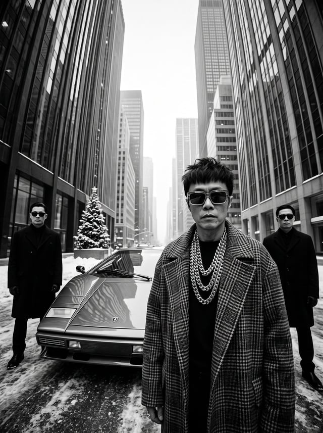 A black-and-white, high-contrast, ultra-glamorous street fashion editorial photograph taken with an 