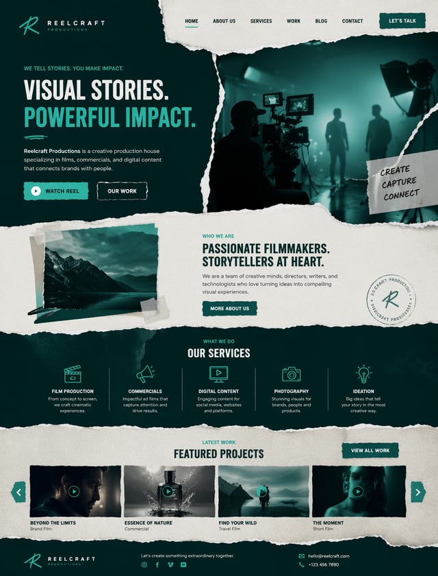 Create a torned paper style website for a production house with dual color teal-green ui style
