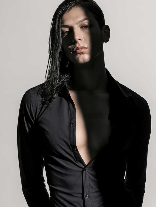 create full body image in black whit shirt or black paint, luxry style.