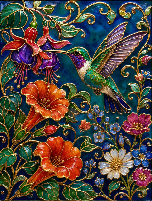 A magnificent hummingbird hovering among blooming fuchsias, trumpet vines, and delicate wildflowers,