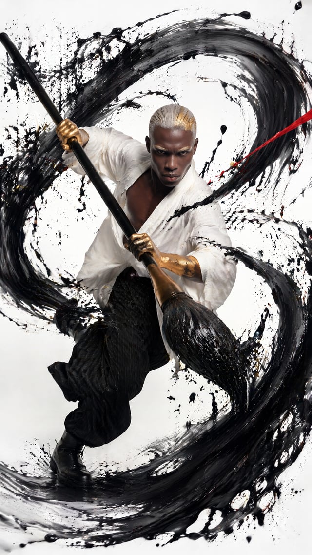 Vertical portrait 9:16 format. Dynamic cinematic poster shot of an athletic dark-skinned male dancer
