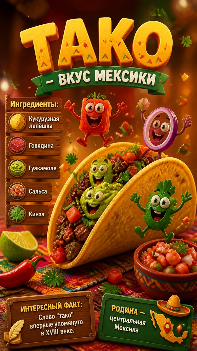 Тако (Мексика) — 3D мультяшный стиль (Pixar-like)