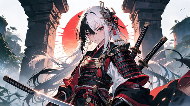 masterpiece, best quality, ultra-detailed anime illustration, fierce samurai girl warrior, low-angle
