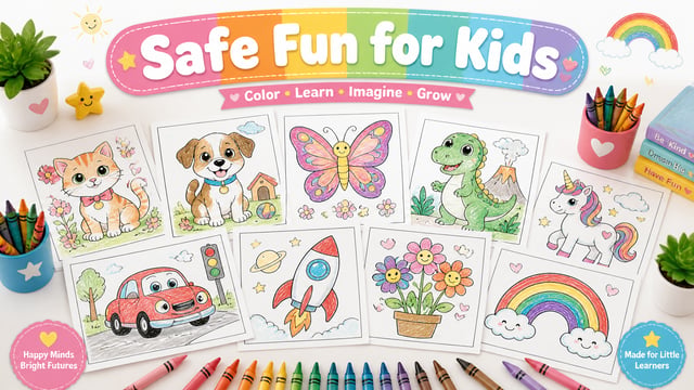Create a premium closing screenshot featuring smiling children’s coloring pages spread across a clea