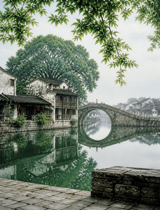 Vertical realistic landscape oil painting, ancient Jiangnan water town scenery, riverside Hui-style 
