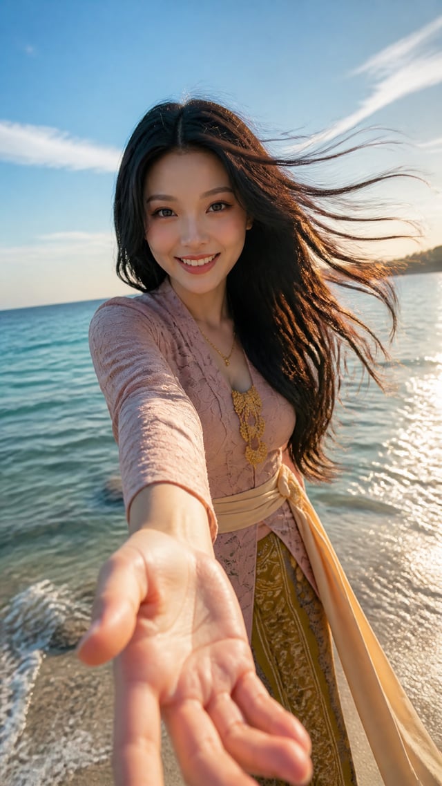 9:16 vertical photorealistic summer POV portrait.A young, mature East Asian woman, 20-25, is beautif