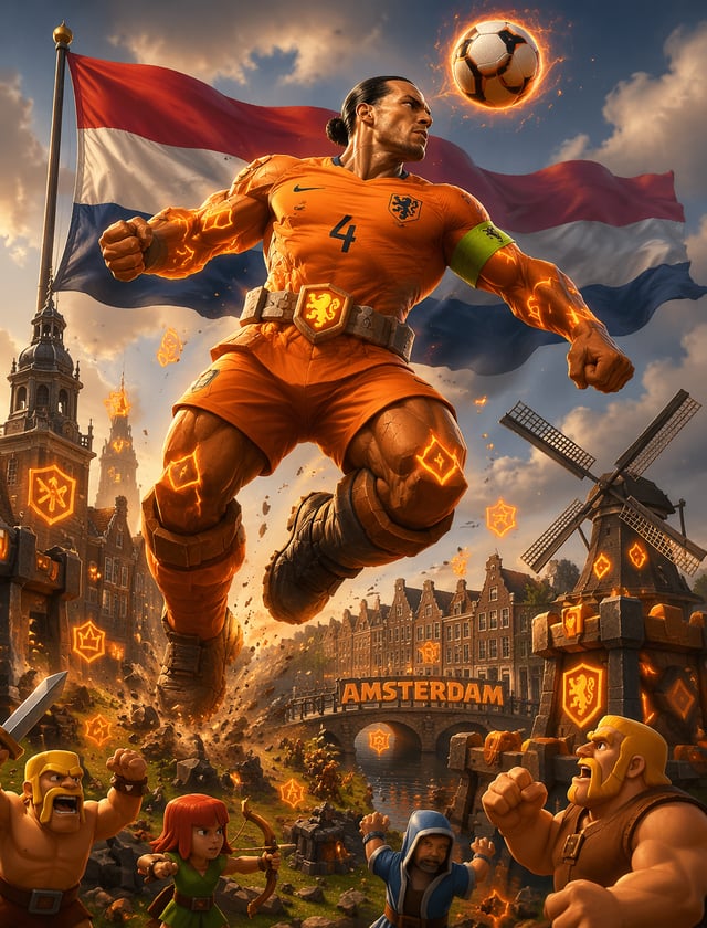 Netherlands Clash GiantКапитан Нидерландов как гигант Clash of Clans, оранжевые руны, Амстердам и фл