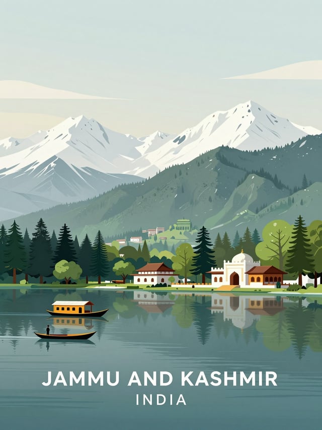 Create a premium editorial travel poster illustration of Jammu and Kashmir, India. Style: flat vecto