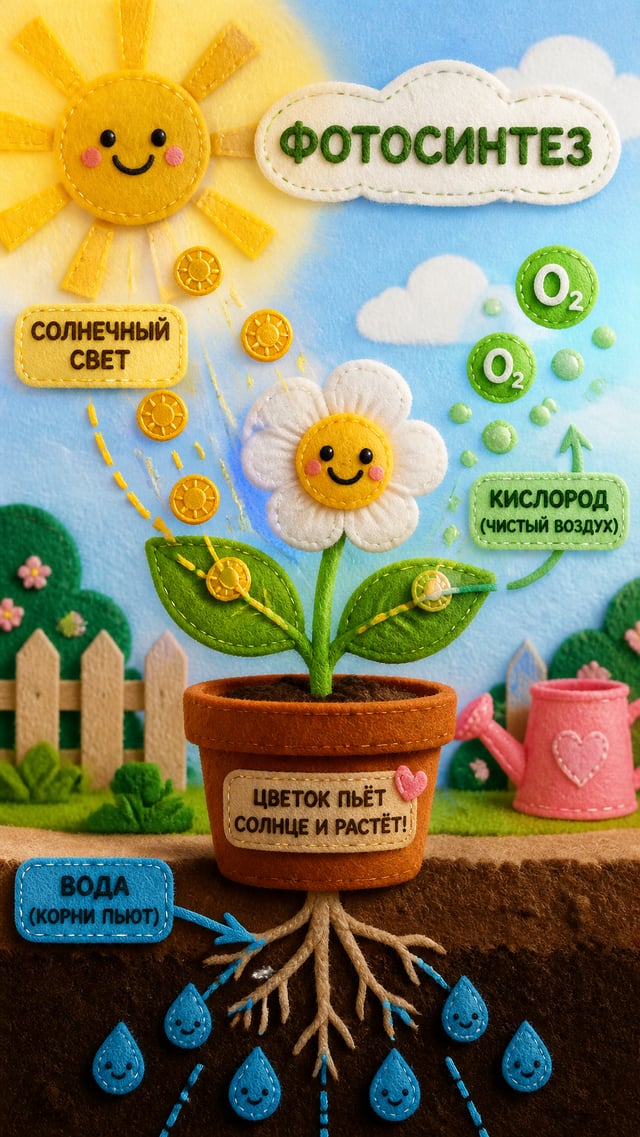 Как цветок пьет солнце (Фотосинтез)Промпт: Простая и волшебная схема фотосинтеза для малышей. Цветок