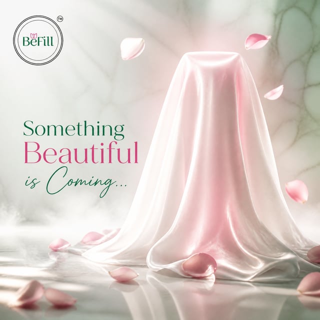 Create an ultra-premium square (1:1) skincare teaser advertisement for the BeFill brand. Place the o