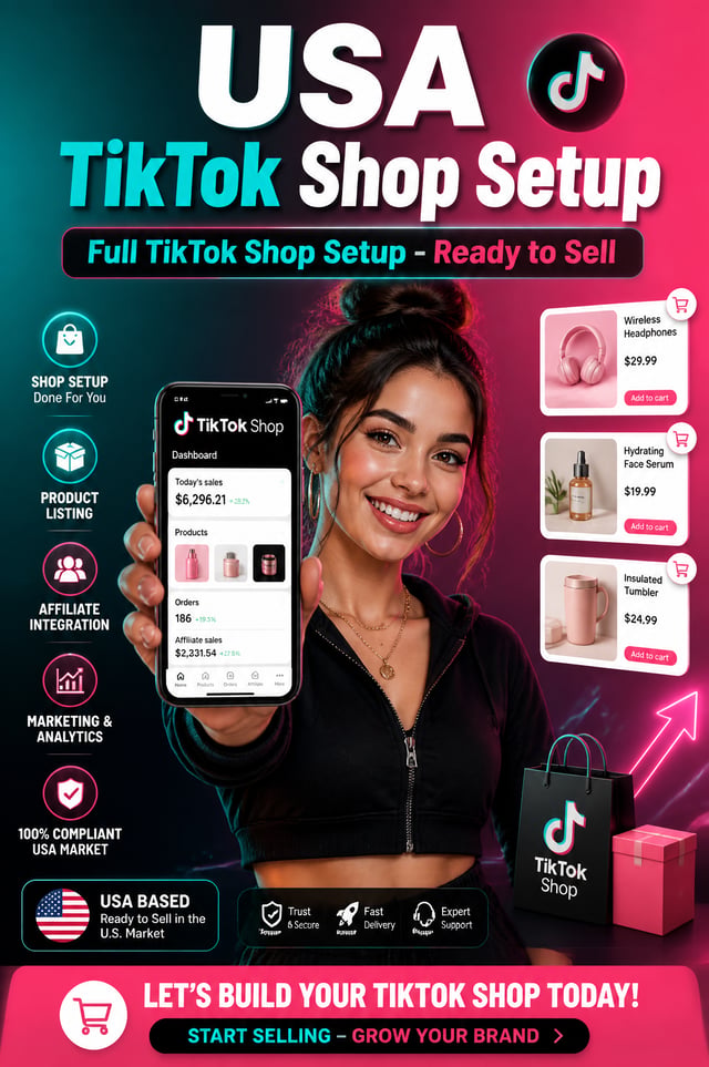 Vertical ad with headline: 'USA TikTok Shop Setup' and subhead: 'Full TikTok Shop Setup - Ready to S