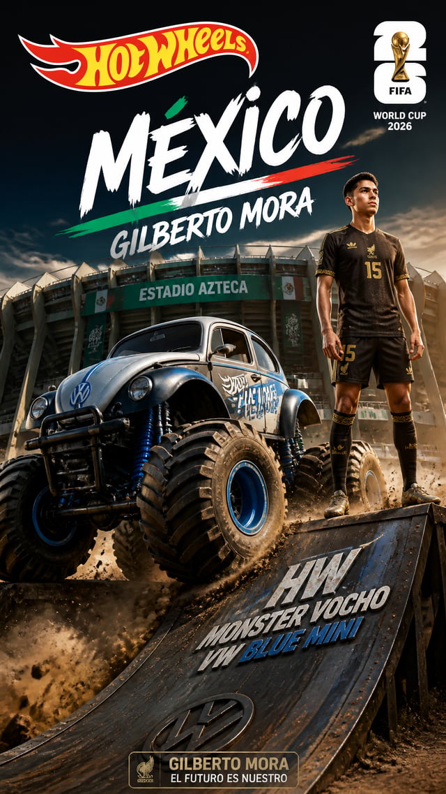 México — Gilberto Mora — HW Monster Vocho VW Blue Mini “9:16 scale poster of the Hot Wheels ‘Blue Mi