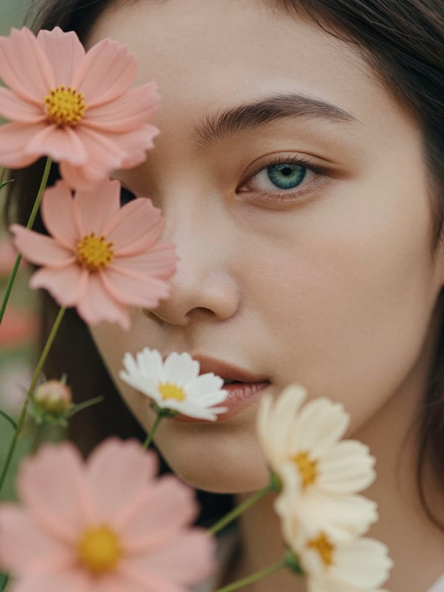 A cinematic film photograph of a close-up portrait of a female model with a single piercing blue-gre