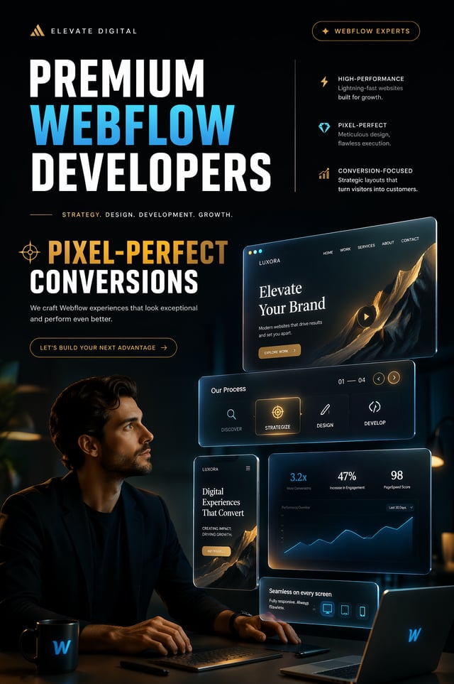 A premium, design-focused vertical social media ad for custom web development. The lower section fea