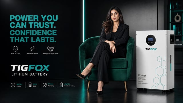 Create a premium luxury commercial advertisement in 16:9 aspect ratio for TIGFOX Lithium Battery. Th