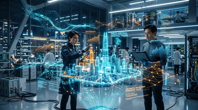 Futuristic research laboratory where scientists interact with a glowing holographic digital twin of 