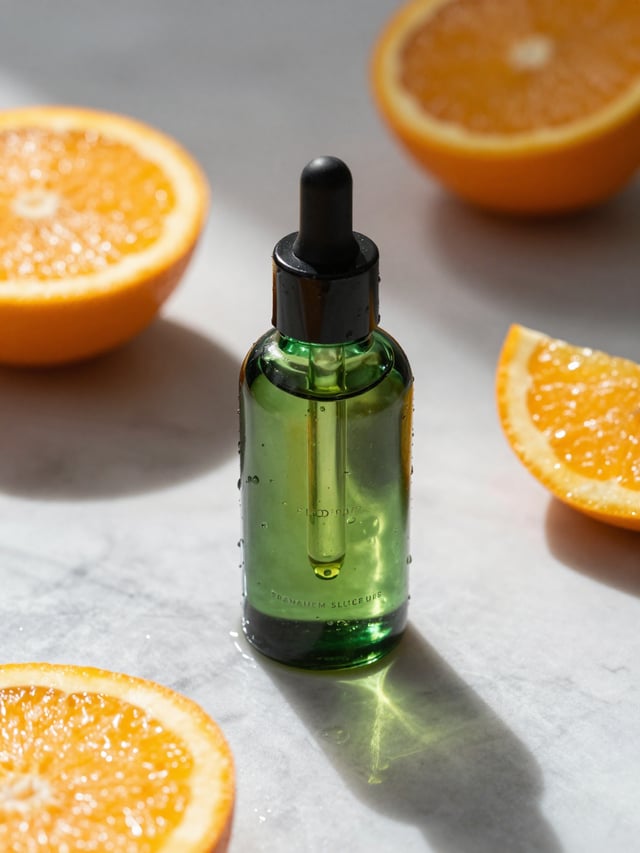 Ultra-realistic premium skincare serum bottle (dark green glass with dropper), golden liquid inside,
