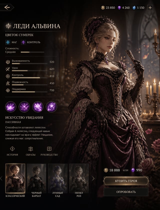 Создайте профессиональную карту персонажа , экрана героя MOBA: викторианская леди в статичной позе; 