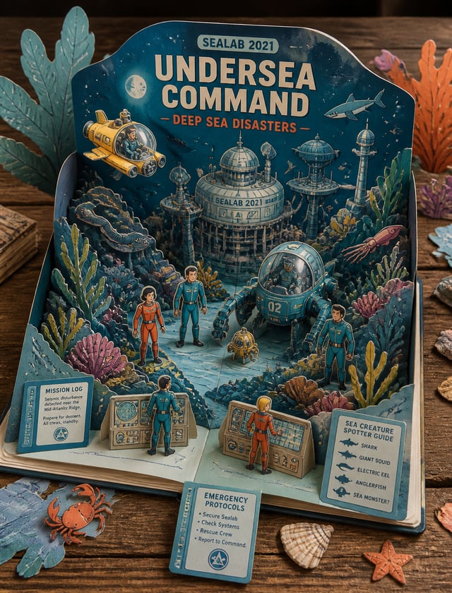 Create a Sealab 2021-themed 3D pop-up papercraft storybook diorama on rustic table, elevated view. T