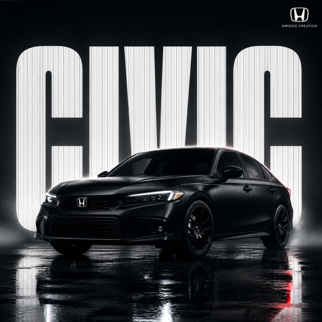 Cinematic automotive billboard poster, Honda Civic in matt black finish, parked center-frame, domina