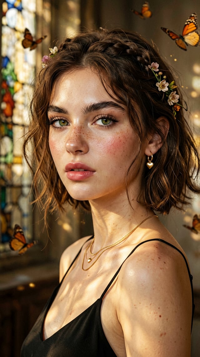 A hyper-realistic fashion portrait of a striking young woman captured in a close-up shoulder-up comp