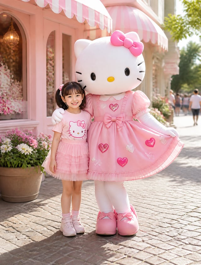 A young girl with dark hair tied in pigtails stands smiling beside a large, plush Hello Kitty mascot