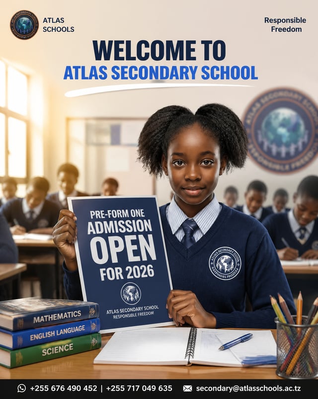 Create a high-end commercial advertising poster for "ATLAS SECONDARY SCHOOL".