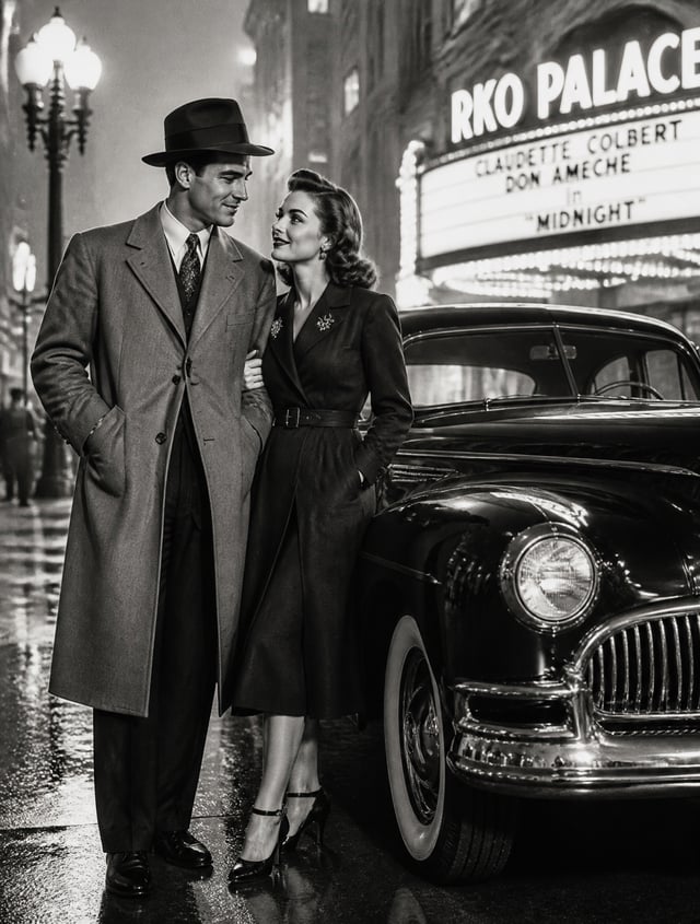 Create a 4K vertical illustration of a couple dressed in classic 1940s formal attire, next to a glea