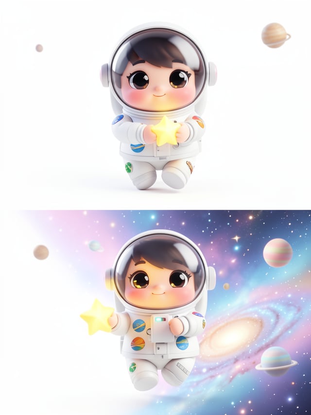 Adorable 3D chibi character design, ultra-clean render. A tiny chubby astronaut in a white space sui