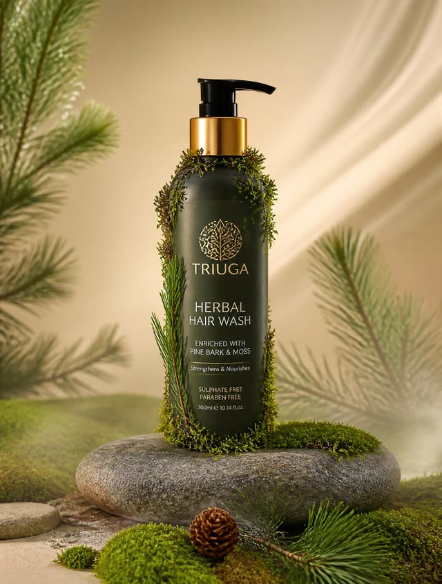 Perfect advertising photo, intricate composition. A premium bottle of hair wash product decorated wi