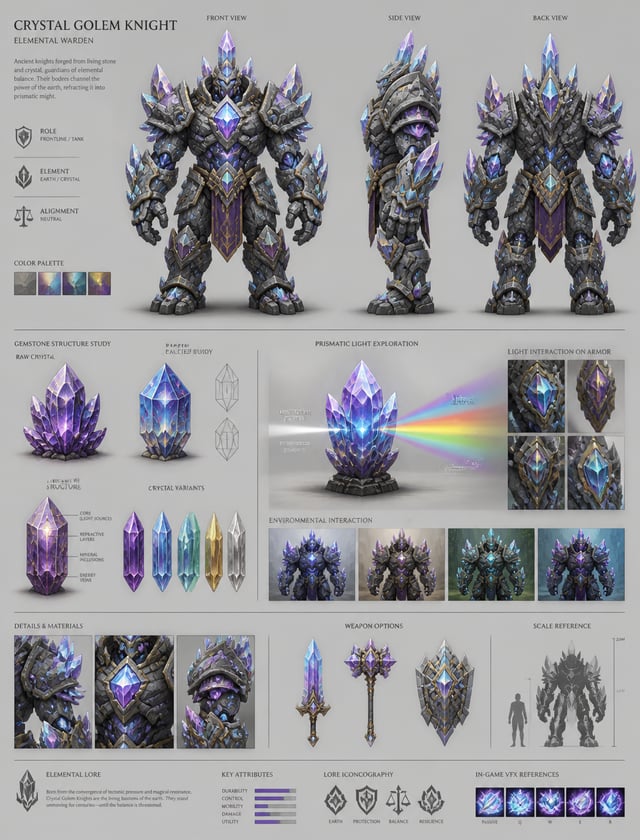 Crystal Golem KnightCreate a detailed character sheet of a Crystal Golem Knight for an elemental MOB