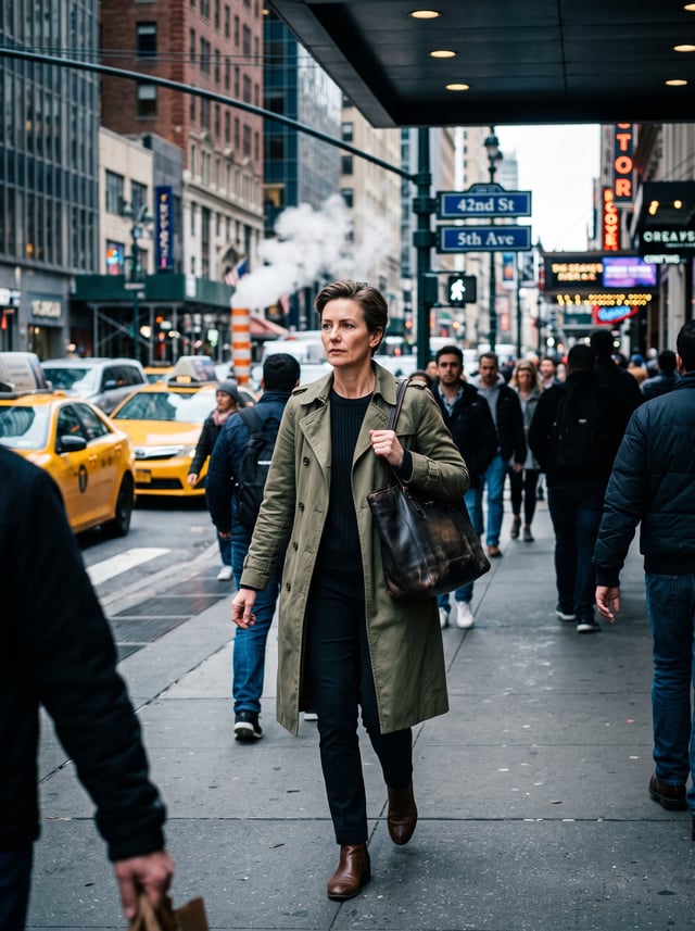 Ultra-realistic candid street photograph of a thin woman, in her late 40s, walking with strong purpo