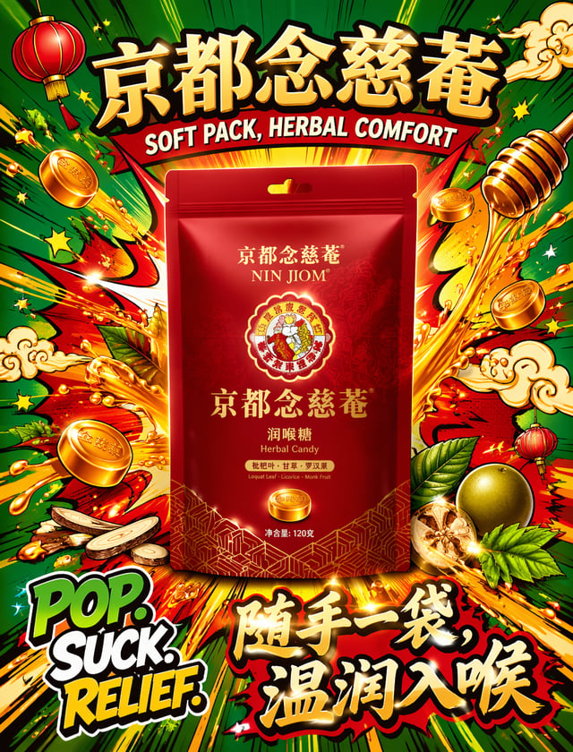 请生成一张超饱和活力的京都念慈菴润喉糖商业海报。画面正中央放置一袋高度逼真的京都念慈菴润喉糖袋装包装——自立袋，自封拉链，深红主色哑光袋面，金色品牌标识，传统纹样底纹，高级光泽印刷，商业级产品渲染。背