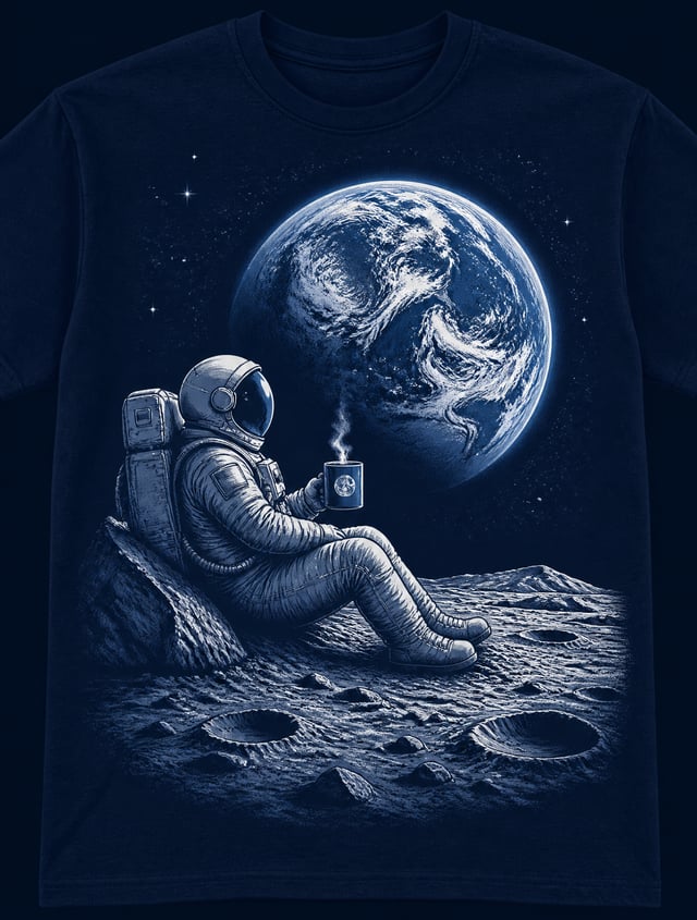 A graphic illustration centered on a dark navy blue t-shirt, depicting an astronaut sitting on the s