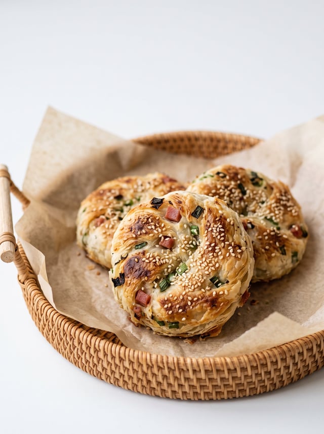Vertical food still life photography, crispy scallion ham small guokui flatbread, white sesame seeds