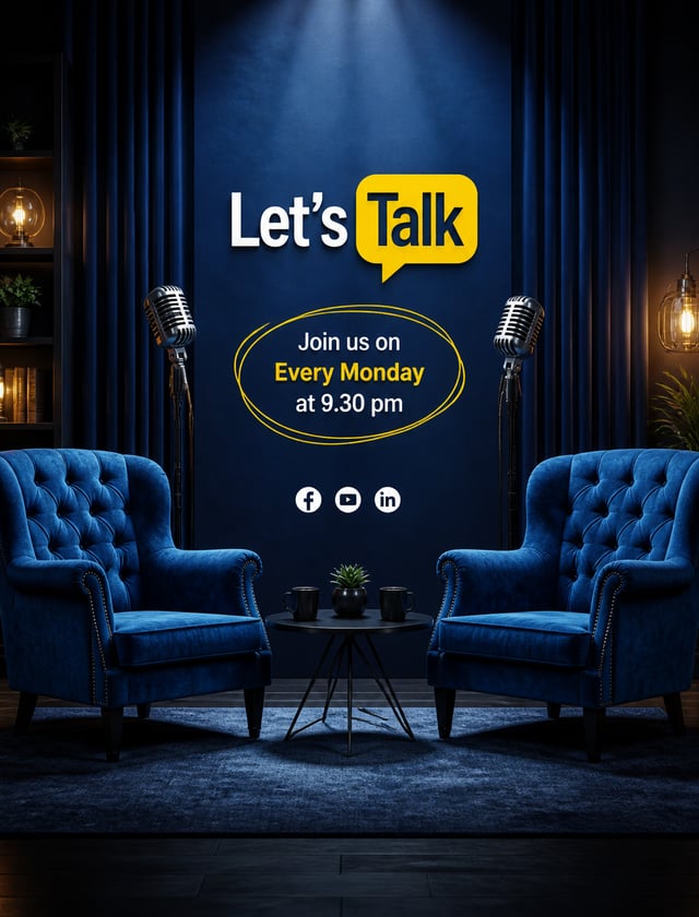 A cinematic studio setup for a talk show, empty interview scene with two elegant blue velvet upholst