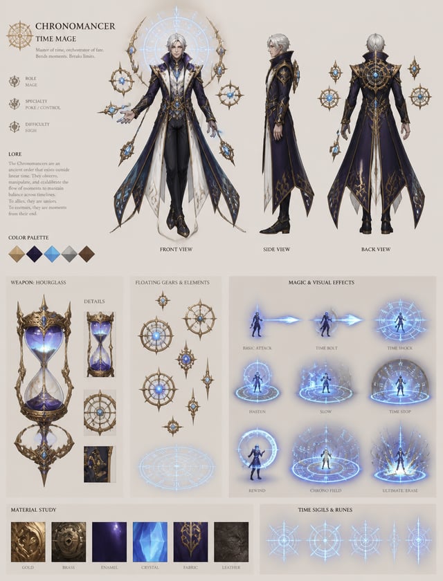 ChronomancerCreate a detailed character sheet of a Chronomancer Time Mage for a MOBA game. Full body