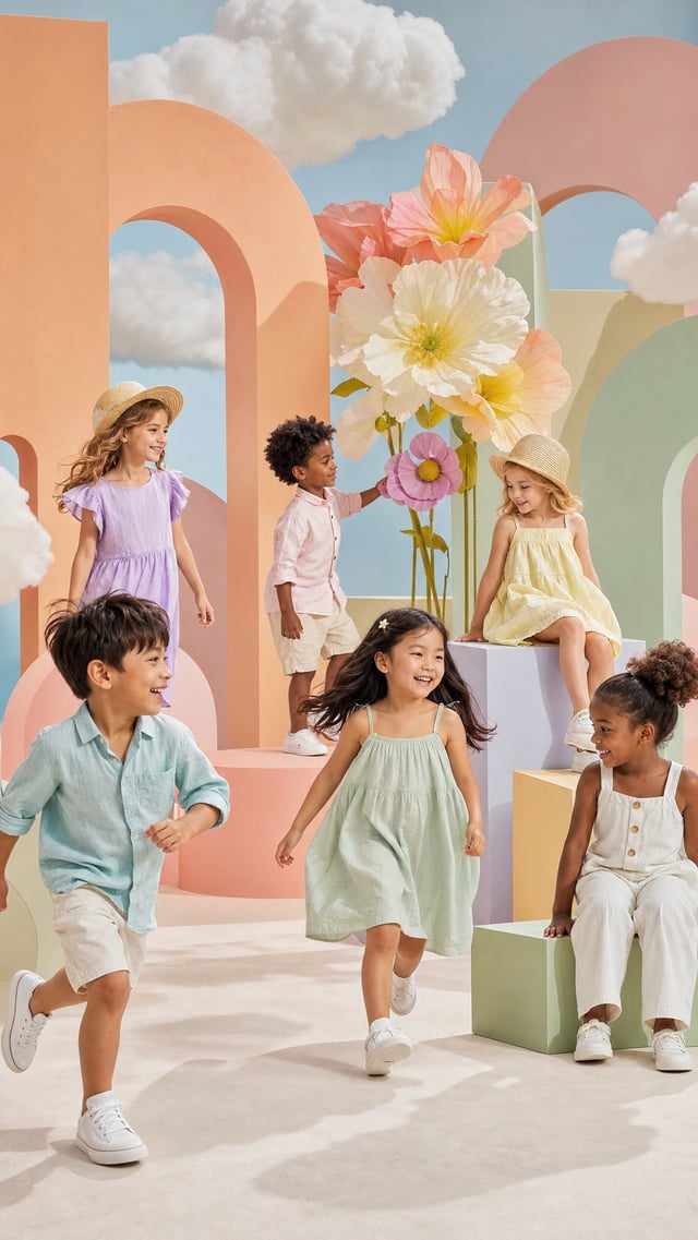 A high-end commercial fashion photoshoot featuring six different children aged 4–8 from diverse ethn