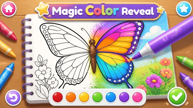 Design a premium children's coloring game screenshot showing a beautiful butterfly illustration tran