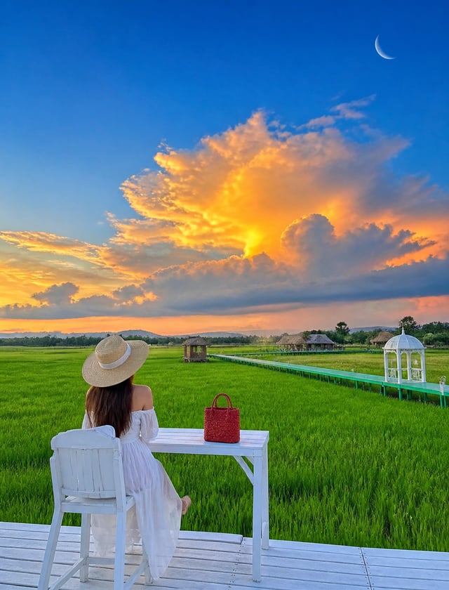 Vertical pastoral healing landscape portrait photography, back view of young woman, wearing white of