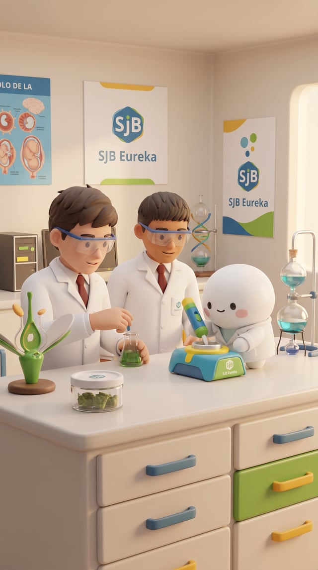 Una escena original y real en 3D suave promocionando [SJB Eureka. Un personaje adorable y redondo de