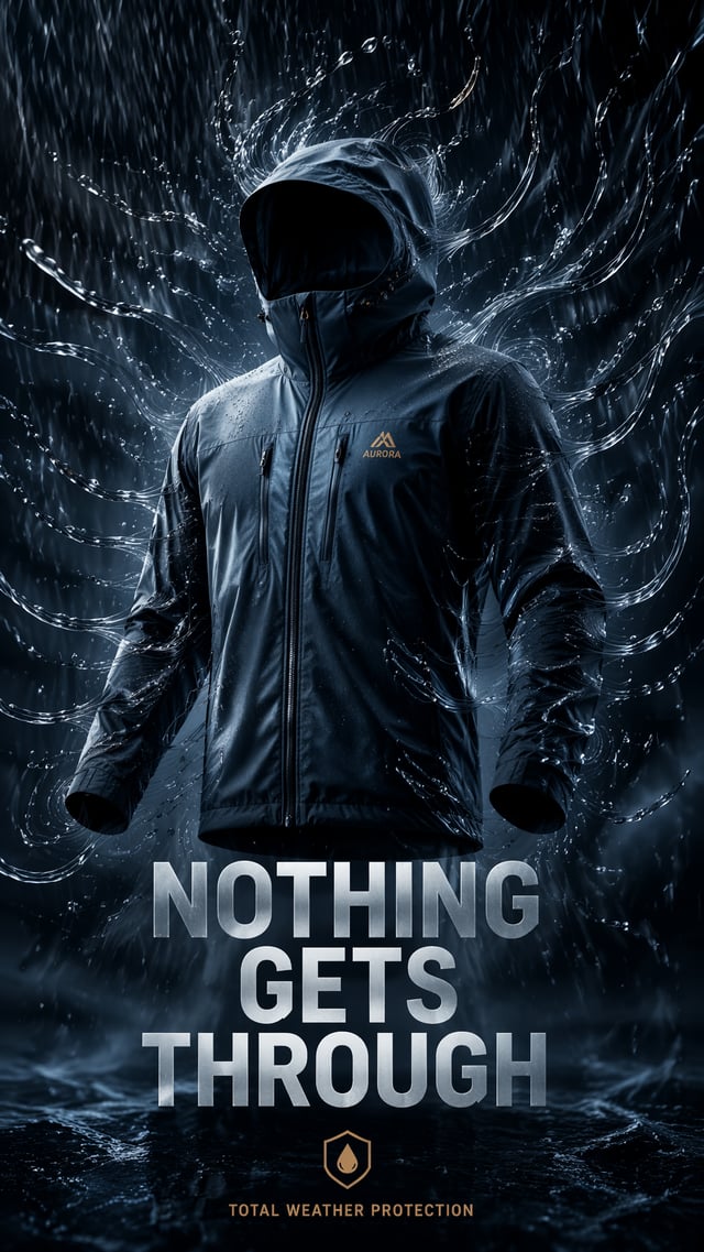 A premium 9:16 jacket advertising poster.Main Subject:A premium outdoor jacket.Heavy rain fills the 